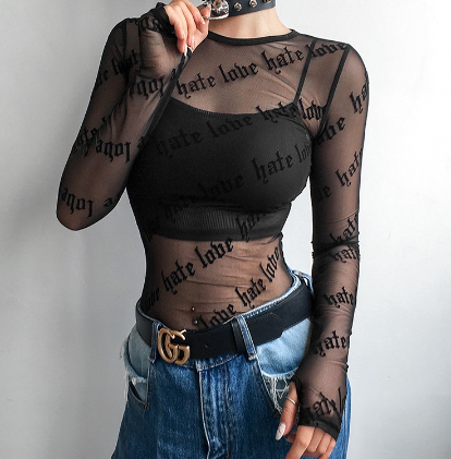 Sexy Mesh Transparent PrintIng Slim T-shirt Women Long Sleeve O-neck Tops