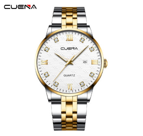 CUENA Men's Original Watch Luxury All Steel Fashion Business Analog Quartz Waterproof Watch SILVER GOLD WHITE