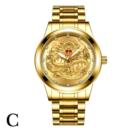 POSHI Men's Luxury Gold Watch Original Waterproof 30M Dragon Dial Quartz For Luminous Stainless Steel Strap M004