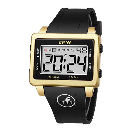 TPW Super Easy to Read Scratch Proof Case 5ATM Water Resistant Digital Watch GOLD