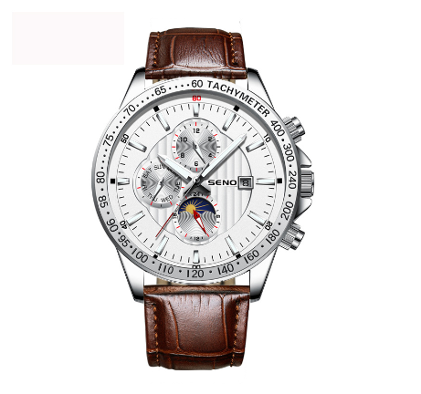 SENO Quartz Watch For Men Luminous Pointer Waterproof Wristwatch 42mm Big Dial Watches SILVER LEATHER
