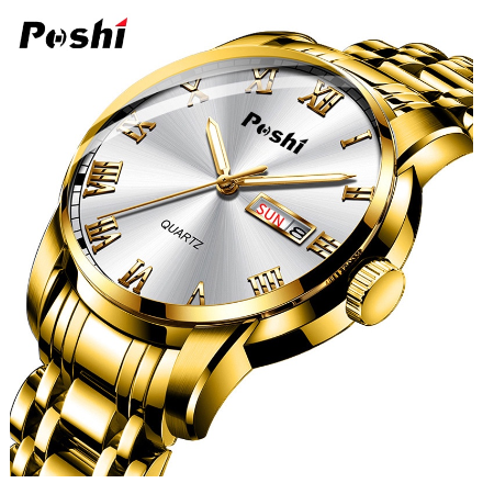 POSHI Original Men Wristwatch Automatic Week Calendar Waterproof Luxury Quartz Watch GOLD WHITE