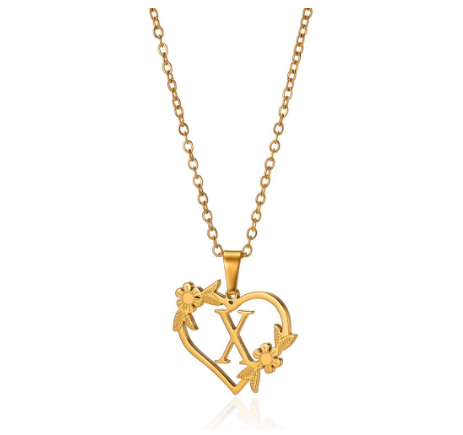 New Personalized Creative Gold Plated Stainless Steel Love Flower Hollow Heart A-Z Letter Necklace Initial Name Pendant Women's X