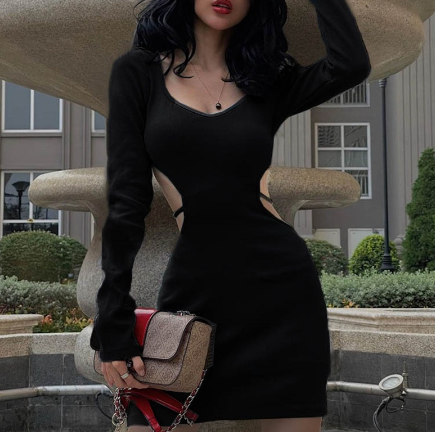 V Neck Back Hollow Solid Long Sleeve Mini Dress
