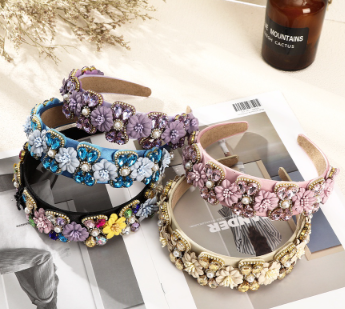 Korean Baroque Retro Flower Crystal Headband Rhinestone Pearl Wide Hair Band Wedding Hair Accessories