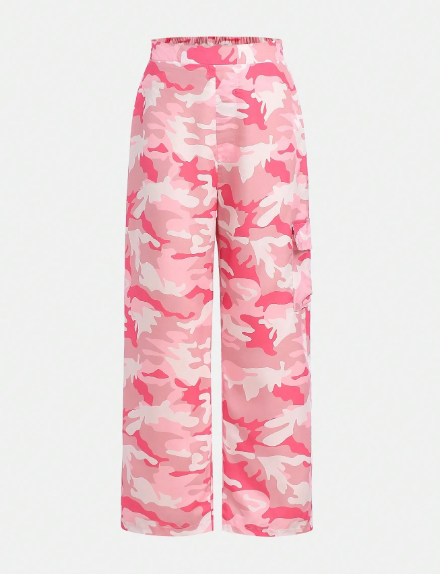 SHEIN Tween Girl Pink Camo Print Cargo Pocket Casual Pants