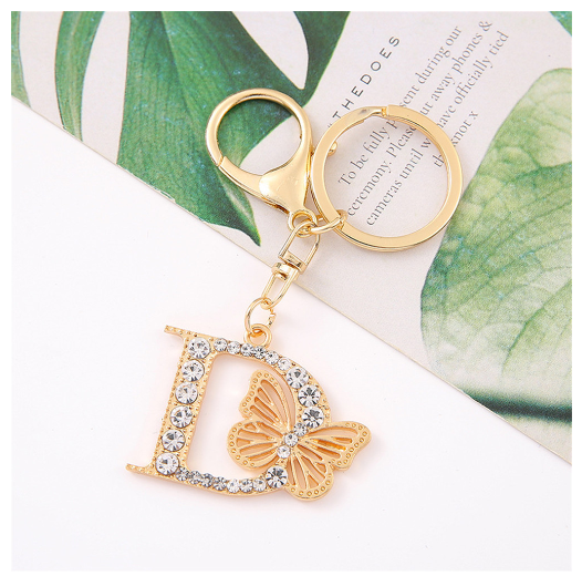 1Pcs Fashion Hollow Butterfly 26 Letter Keychains Luxury Rhinestone A-Z InitialsMetal  Keyrings Car Key Holder Bag Accessories D