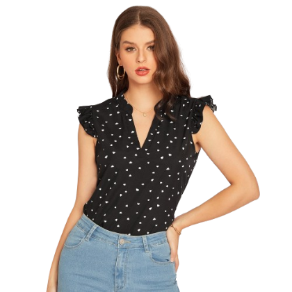 Lovito Elegant Heartshape Frill Sleeve V Neck Women Blouses L20D1496 (Black)