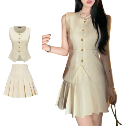 Lovito Women Casual Plain Pleated Button Skirt Sets L65ED108 (Apricot)