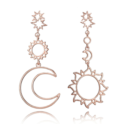 Bohemian Asymmetrical Hollow Star Sun Moon Drop Dangle Ear Stud Earrings