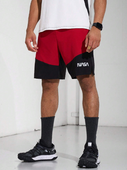 Men's Drawstring Color Block Letter Printed Athletic Shorts, Summer Jogger Shorts