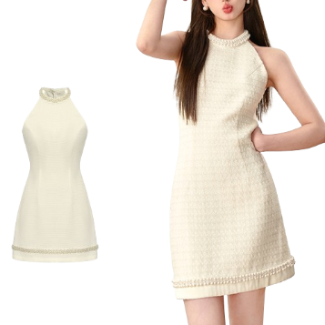 Lovito Women Elegant Plain Pearls Tweed Dress L74ED164