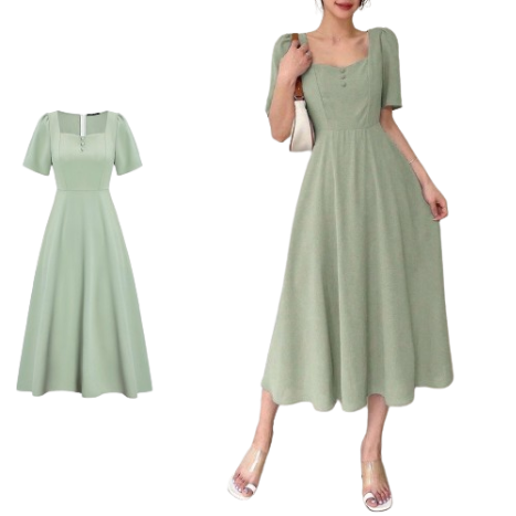 Lovito Women Button A Line Dress L62ED168 (Green)