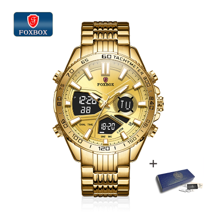 FOXBOX Fashion Sport Digital Watches For Men Waterproof Luminous Stainless Black Blue Gold Dual Display Watch GOLD