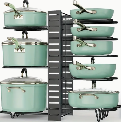 1pc Expandable Space-saving Pots And Pans Storage Rack, Kitchen Pantry Bakeware Storage Rack, For Kitchen Cabinet And Countertop, For Storing Chopping Board, Pot Lids, Pots And Pans, Kitchen Supplies