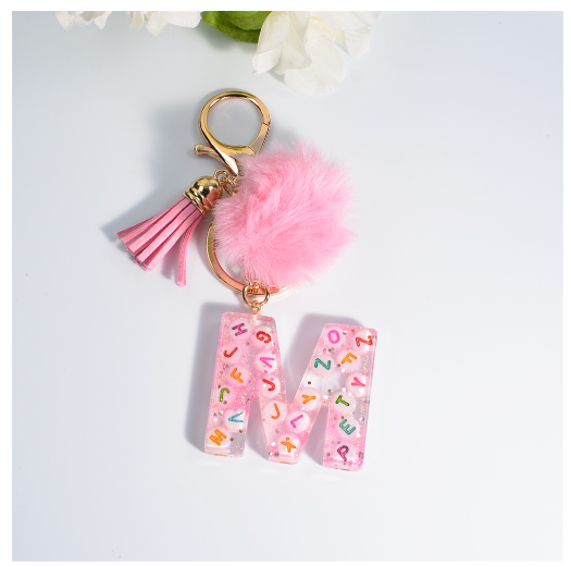 Exquisite Pink A-Z Letter Resin Keychain With Hairball 26 Initials Keyring Charms Women Bag Ornament Best Festival Gift M