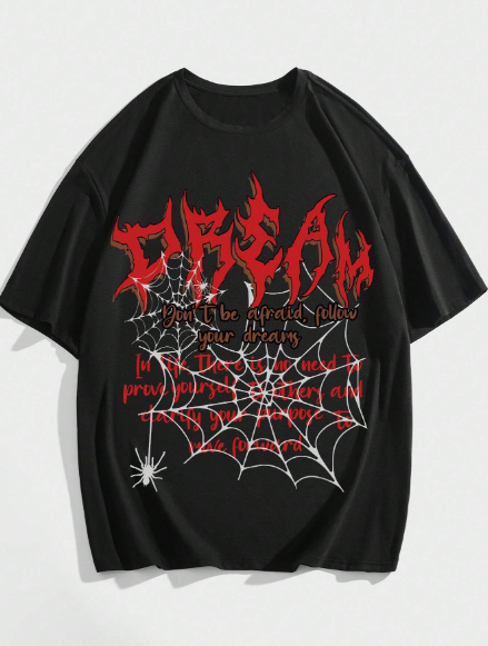 ROMWE Goth Men Letter & Spider Web Print Tee