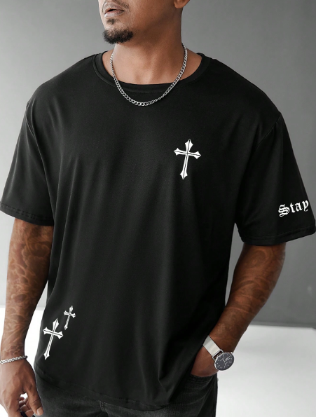 Manfinity Homme Plus Size Men's Summer Letter & Cross Print Casual Round Neck Short Sleeve T-Shirt