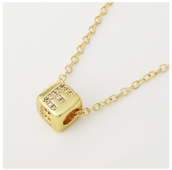 18K Gold Plated Titanium Steel English Letter Pendant Necklace Collar Chain Women's Fashion Copper Inlaid Zircon Dice Necklace Neckchain E