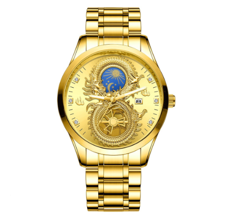 Original Luxury Gold Stainless Steel Waterproof Men's Watch Calendar Golden Dragon Phoenix Couple Sports Watch M5