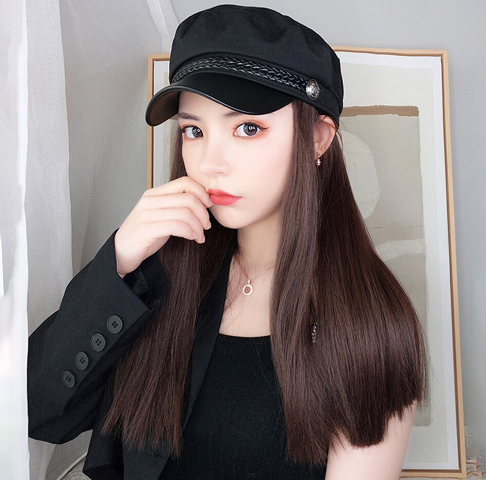 4 Colors Navy Hat With Hair Long Straight Fake Hair Hat Wig Synthetic Hair Extensions Hat With Hair Natural Hairpiece For Women