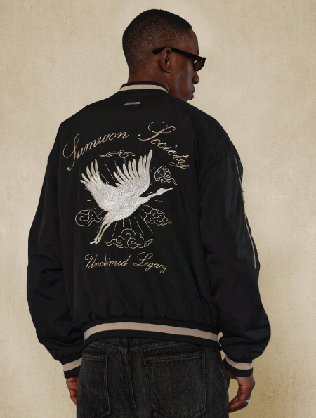 SUMWON Souvenir Nylon Jacket Japanese Style With Heron Fantasy Bird Spreading Wings Embroidery Detail