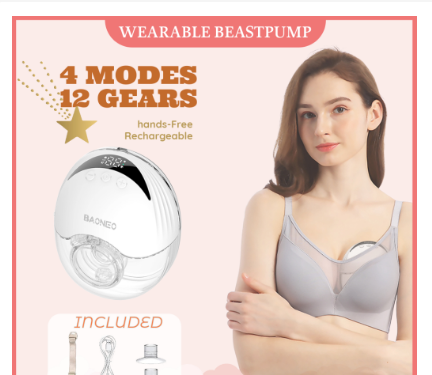 BAONEO Wearable Electric Breast Pump 4 Modes & 12 Gears Rechargeable Hands-Free Breast Pump