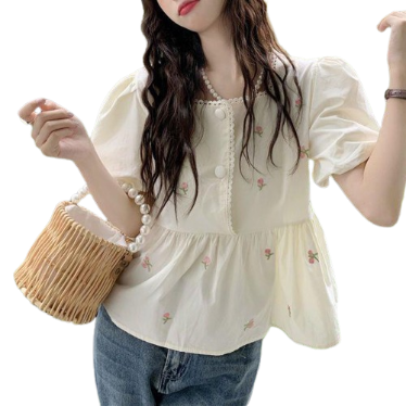 Lovito Women Cute Ditsy Floral Button Ruffle Hem Ruffle Neck Puff Sleeve Blouse L73AD004 (Beige White)