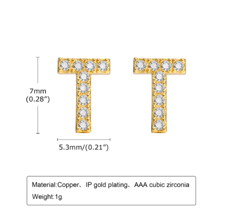 Vnox Gold Zircon Cubic Letter Stud Earrings,Initial Alphabet Small Hypoallergenic Earring One Pair T