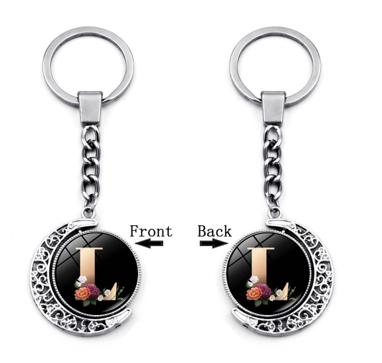1PC Exquisite 26 Letter Glass Keychains Double Sides Moon Flower A-Z Initials Keyrings Handbag Charms Ornaments Gifts L