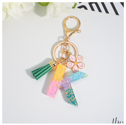Fashion 26 Letter Resin Keychain A-Z Round Sequins Filled Alphabet Flower Pendant Keyring with Tassel Bag Ornament Accessories K