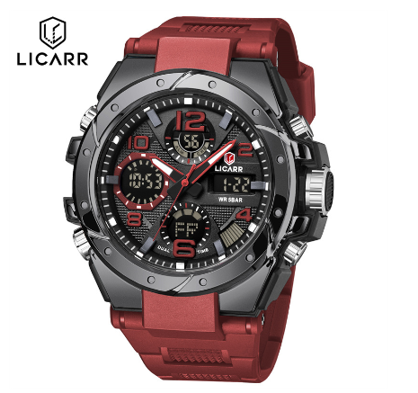 LICARR Brand Casual Men's Watches Original Waterproof Military Sport Men Watch Fashion Chrono Date Week Alarm Clock 9515 RED BLACK