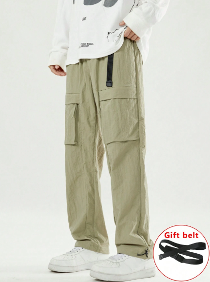 Summer Men's Style With Multiple Pockets Ankle Drawstring, Long Military Green Outdoor Design Gift Belt Cargo Pants