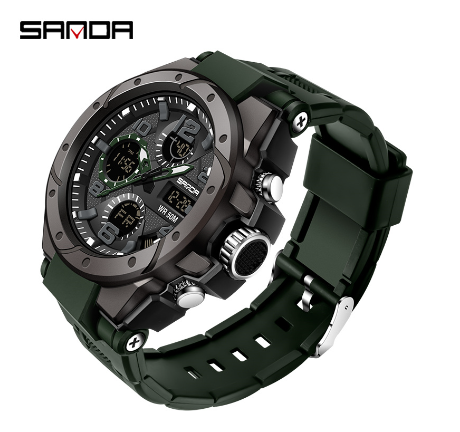 Sanda Waterproof Movement Men Watches Multifunctional Sports Luxury Quartz Men Night Light Swimming LED Men's Watch ARMY GREEN