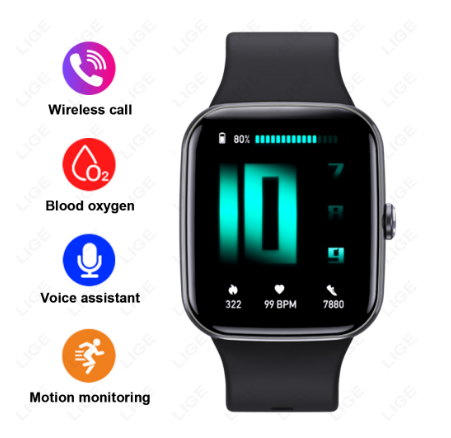 LIGE Original HD Full Touch Screen Bt Call Smart Watch Fitness Tracker Heart Rate 100+ Sports Waterproof Men's WristWatch BLACK