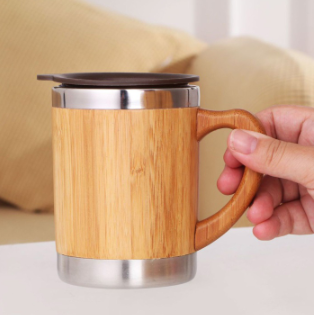 Stainless Steel Bamboo Travel Mug for w Handle Splash Proof Lid Durable Camping Coffee Mug Eco-Friendly for Men Women