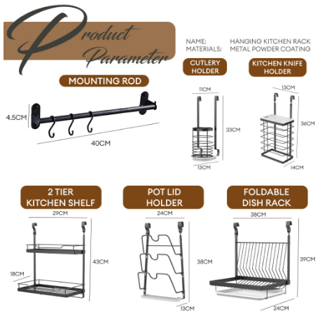 LOCAUPIN Wall Mounted Kitchen Rack Hanging Organizer Utensil Holder Plates Storage Shelf Rod Hooks