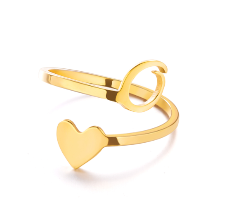 Gold Stainless Steel A-Z Rings Initial Letters Heart Rings Women Fashion Non Fading Jewelry Adjustable O