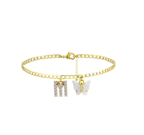 Fation Dainty Butterfly Initial Ankle Bracelets Handmade Cuban Chain White Butterfly A-Z Alphabet Letter Initial Anklets Summer Beach M