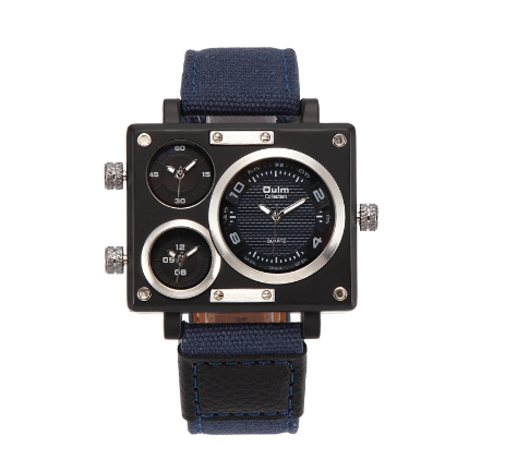 Oulm Men's Top Brand Watches Men Fashion Square Big Face 3 Time Zone Casual Quartz Watch BLUE