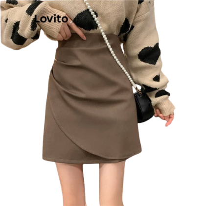 Lovito Women Casual Plain Ruched Skirts LNE34145 (Coffee)