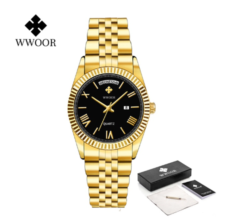WWOOR Top Brand Fashion Watch Men Stainless Steel Luxury Waterproof Calendar Wristwatch Mens Watches BLACK DIAL GOLD CASE STARP