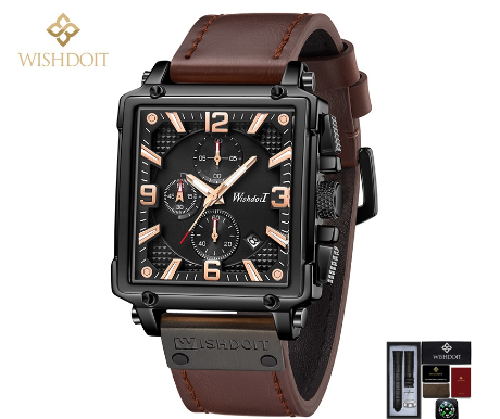 WISHDOIT Watch for Men Original Waterproof Sports Leather Strap Fashion Trend Calendar Luminous Square Watch BLACK BROWN