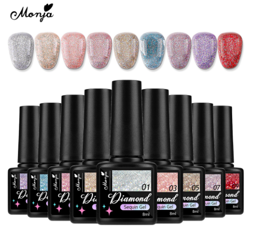 Monja Diamond Nail Gel Polish Shimmer Glitter Reflective Soak Off Art Diy Varnish Long Lasting Manicure Uv 8ML