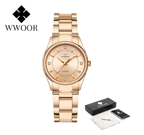 WWOOR New Luxury Watch Woman Elegant Dress Ladies Quartz Bracelet Watch For Women Clock Fashion Stainless Steel Waterproof Watch ROSEGOLD