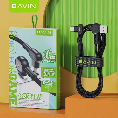 BAVIN CB258 18W / 12W Fast Charging LED Light Gaming Data Cable 90° Angle Nylon Braided 1.2Meter GK