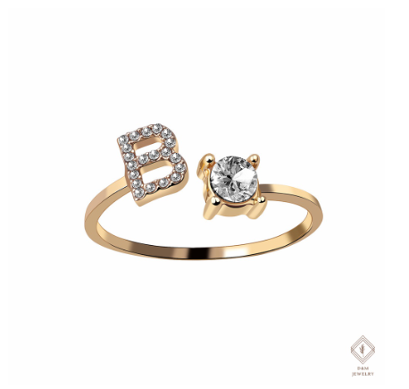 26 Letter Rings Cubic 14K Gold Promise Ring Diamond Ring Wedding 925 Silver Ring Adjustable Size B