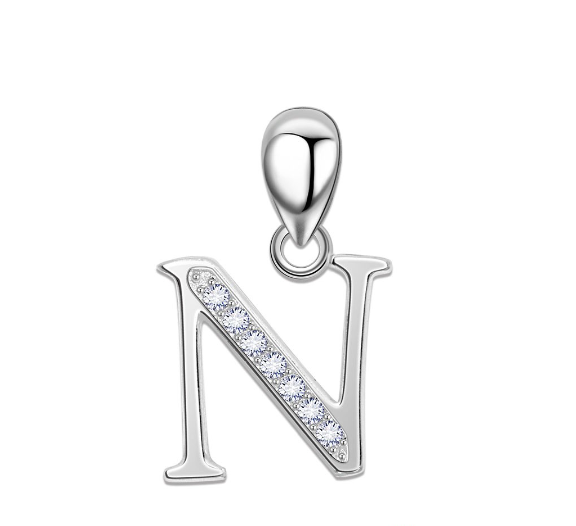 Tom Silver Pendant Initial Letter with Stone A to Z Fashion Accesories 92.5 Sterling Silver SP676 N
