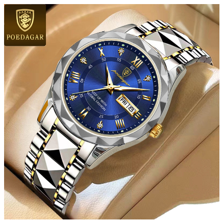 POEDAGAR business watch for men water proof original fashion luxury tungsten steel calendar luminous display prismatic diamond dial Watch GOLD BLUE
