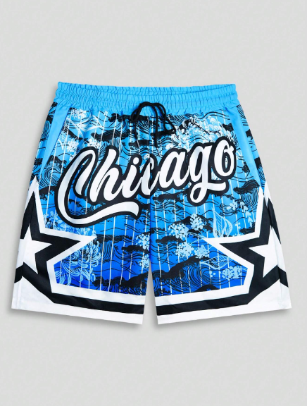 ROMWE Street Life Men's College Printed Woven Shorts, Suitable For Spring And Summer